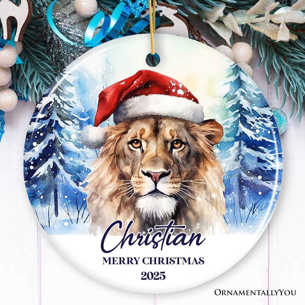 Lion with Santa Hat Personalized Ornament, Winter Forest Christmas Gift With Custom Name and Date