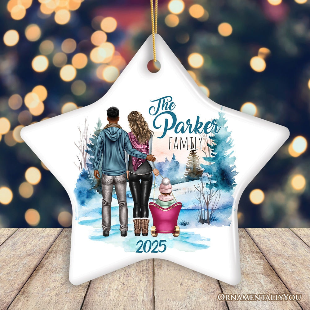 Family of Three Winter Holiday Personalized Gift, Parents & Baby on Sleigh Custom Christmas Ornament