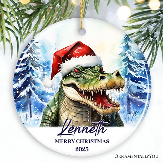 Alligator with Santa Hat Personalized Ornament, Winter Forest Christmas Gift With Custom Name and Date