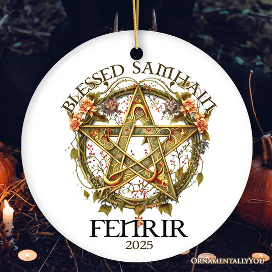 Wiccan Blessed Samhain Personalized Ornament, Witch Sabbat Pentagram Custom Decoration