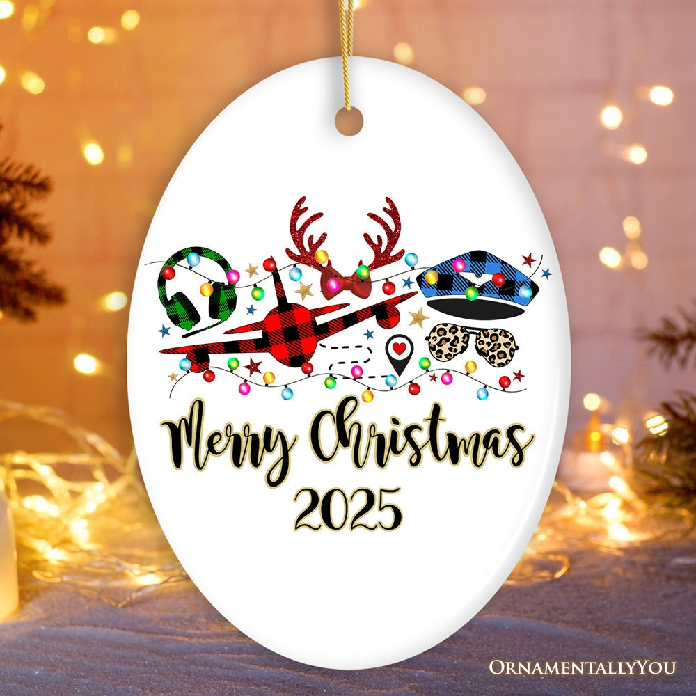 Personalized Airplane Pilot Buffalo Plaid Christmas Ornament, Flight Aircraft Crew Gift Holiday Decoration