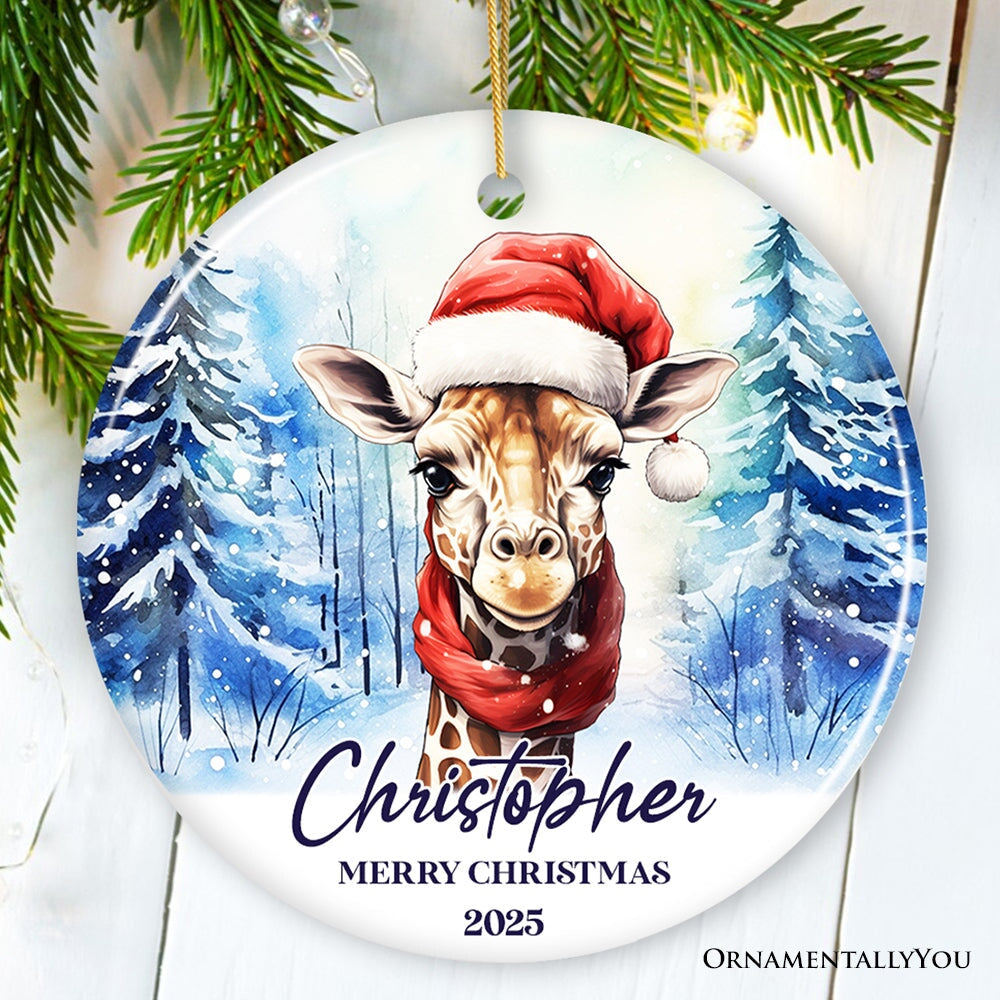 Giraffe with Santa Hat Personalized Ornament, Winter Forest Christmas Gift With Custom Name and Date