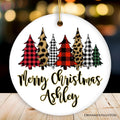 Merry Christmas Buffalo Plaid and Leopard Cheetah Trees Personalized Ornament