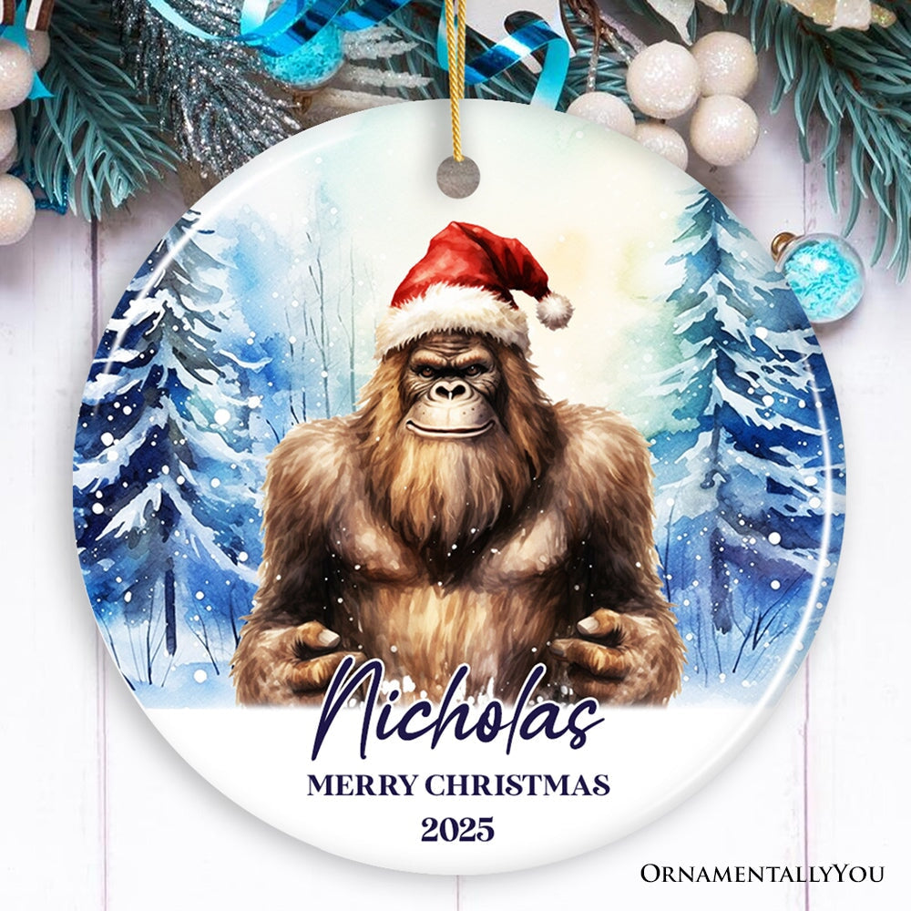 Bigfoot with Santa Hat Personalized Ornament, Winter Forest Christmas Gift With Custom Name and Date