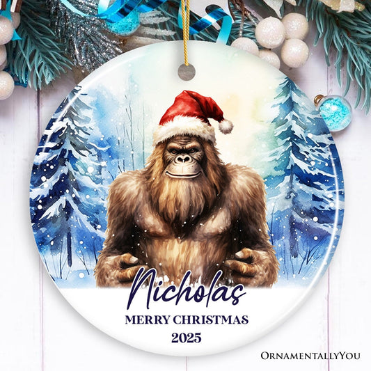 Bigfoot with Santa Hat Personalized Ornament, Winter Forest Christmas Gift With Custom Name and Date