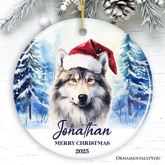 Wolf with Santa Hat Personalized Ornament, Winter Forest Christmas Gift With Custom Name and Date