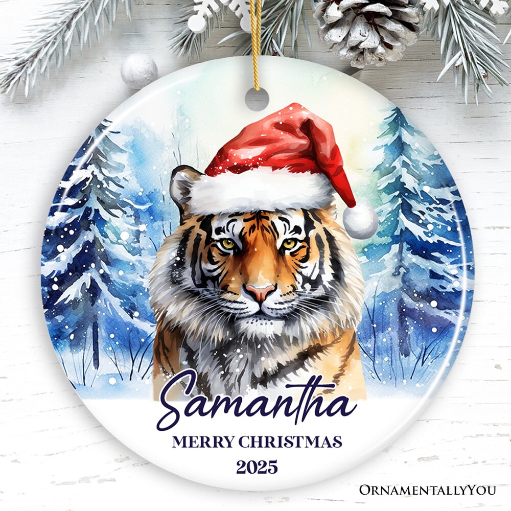 Tiger with Santa Hat Personalized Ornament, Winter Forest Christmas Gift With Custom Name and Date