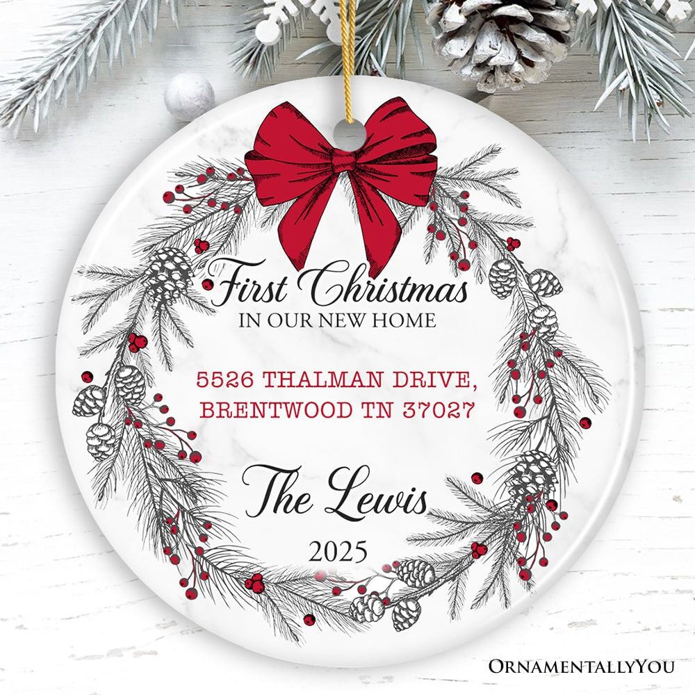New Home Personalized Christmas Ornament, Family Gift With Custom Address and Last Name