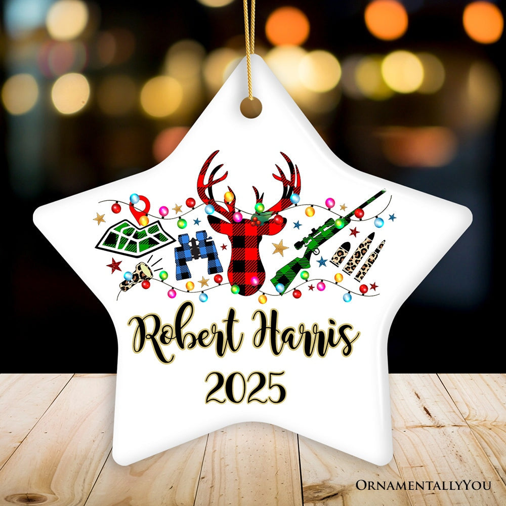 Personalized Buffalo Plaid Hunting Theme Christmas Ornament, Hunter Gift, Red and Green Deer and Gun