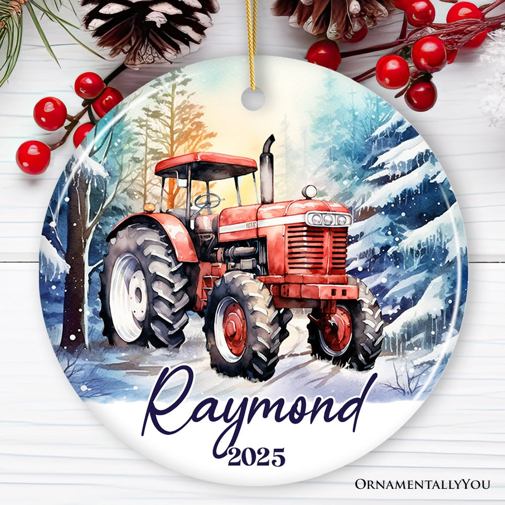 Vintage Tractor Personalized Ornament, Pristine Snowy Serenity Christmas Gift With Custom Name and Date
