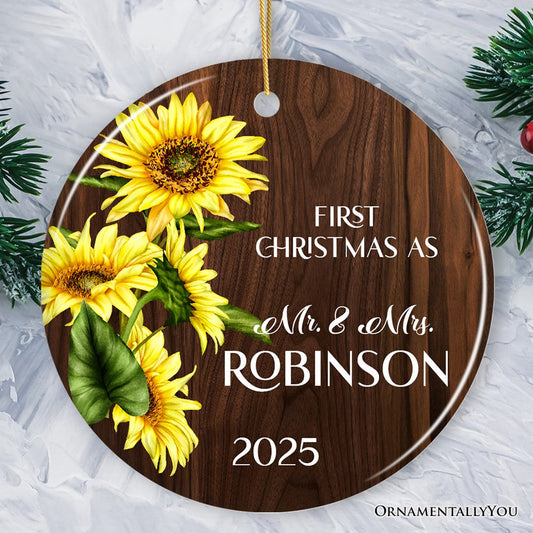First Christmas as Mr and Mrs Rustic Sunflower Personalized Christmas Ornament, Wedding Couple Gift