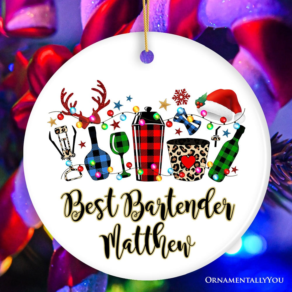 Personalized Bartender Buffalo Plaid Leopard Merry Christmas Ornament Gift