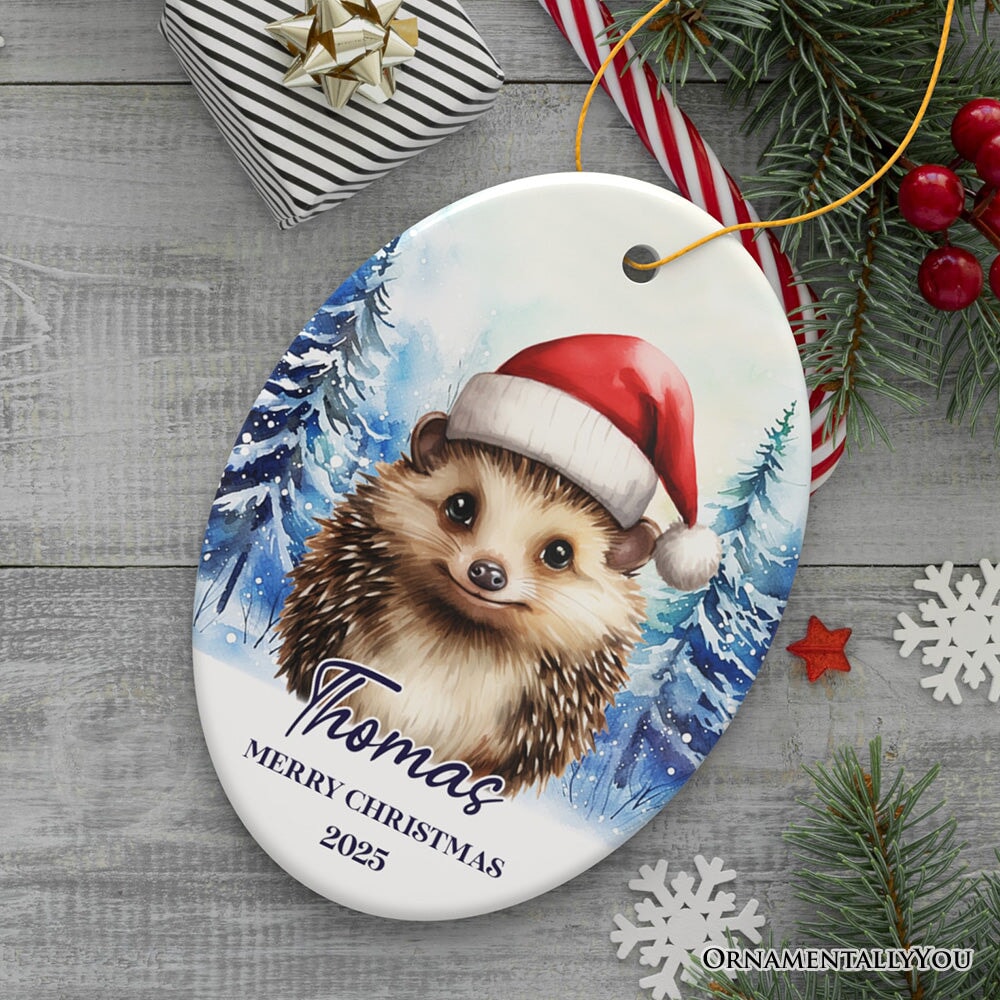 Hedgehog with Santa Hat Personalized Ornament, Winter Forest Christmas Gift With Custom Name and Date