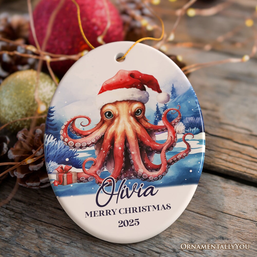 Octopus with Santa Hat Personalized Ornament, Festive Christmas Gift With Custom Name and Date