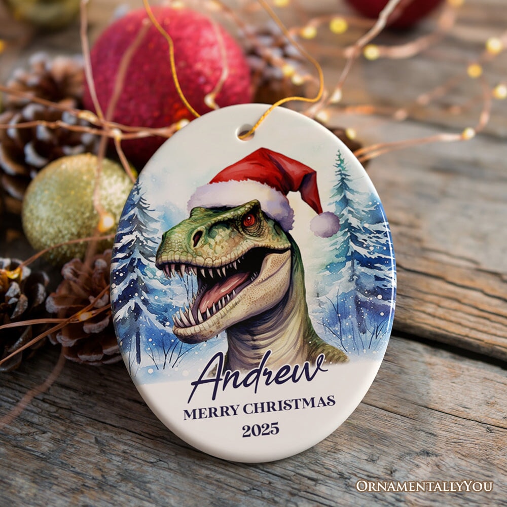 Dinosaur with Santa Hat Personalized Ornament, Winter Forest Christmas Gift With Custom Name and Date