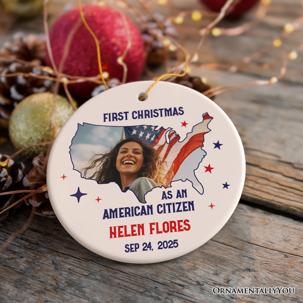 First Christmas as an American Citizen Personalized Photo Ornament, New Citizenship Gift