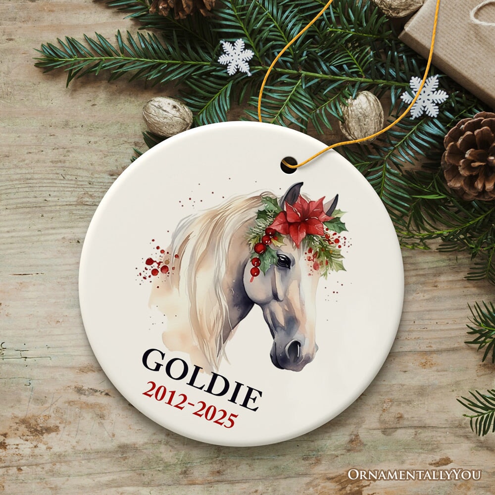 White Horse Personalized Ornament, Watercolor Artistic Christmas Gift With Custom Name and Date
