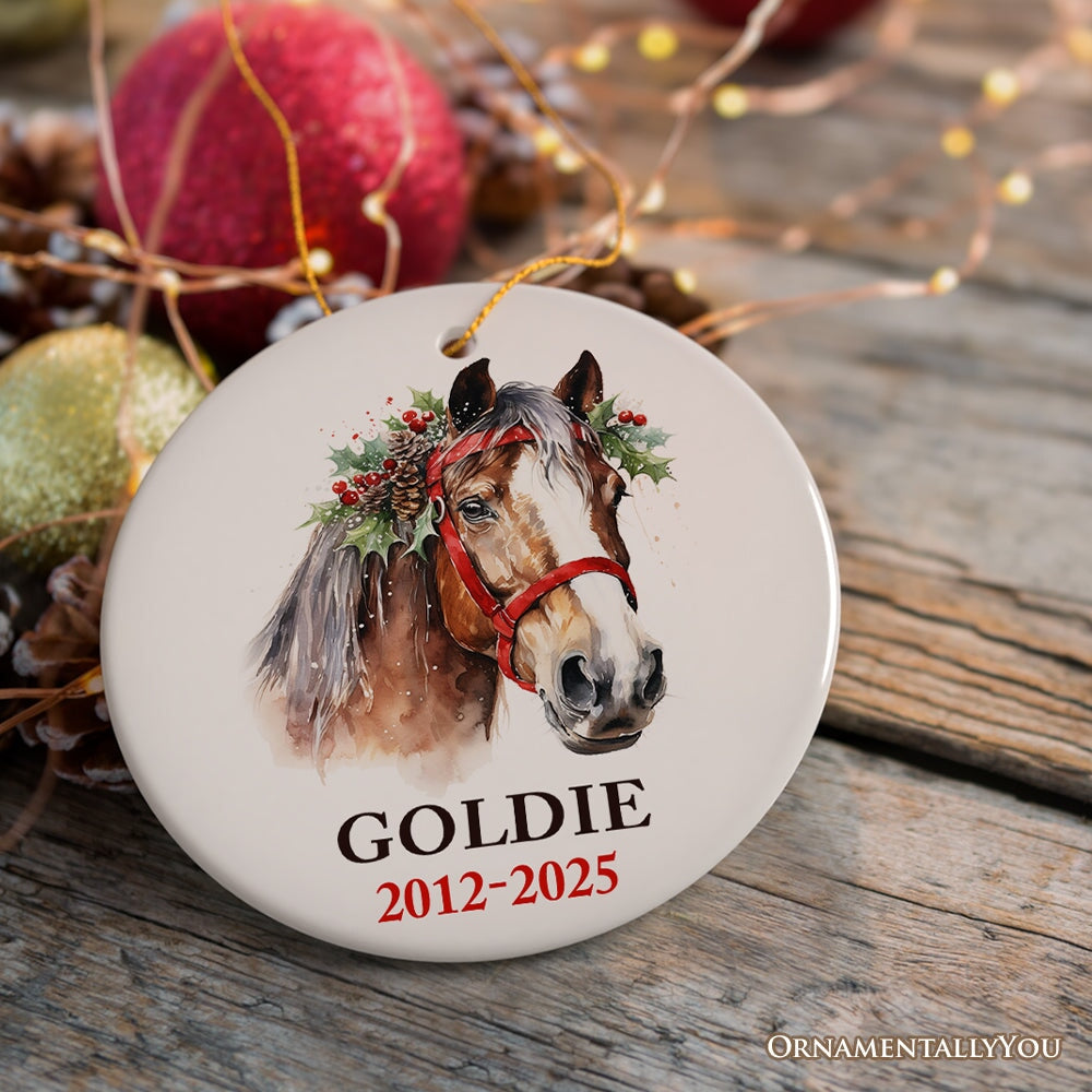 Brown Horse Personalized Ornament, Watercolor Artistic Christmas Gift With Custom Name and Date