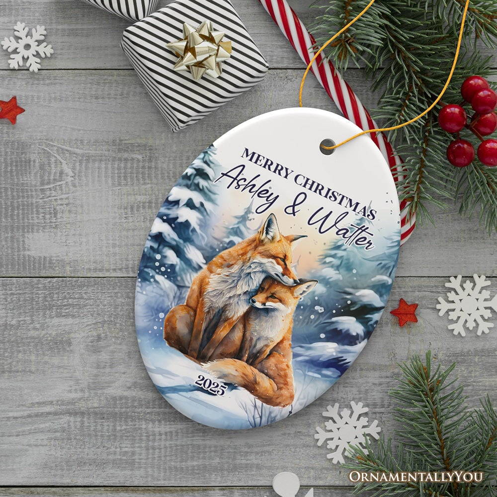 Couple Fox Personalized Ornament, Enchanted Winter Frost Christmas Gift With Custom Names and Date