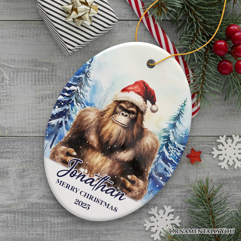 Bigfoot with Santa Hat Personalized Ornament, Winter Forest Christmas Gift With Custom Name and Date
