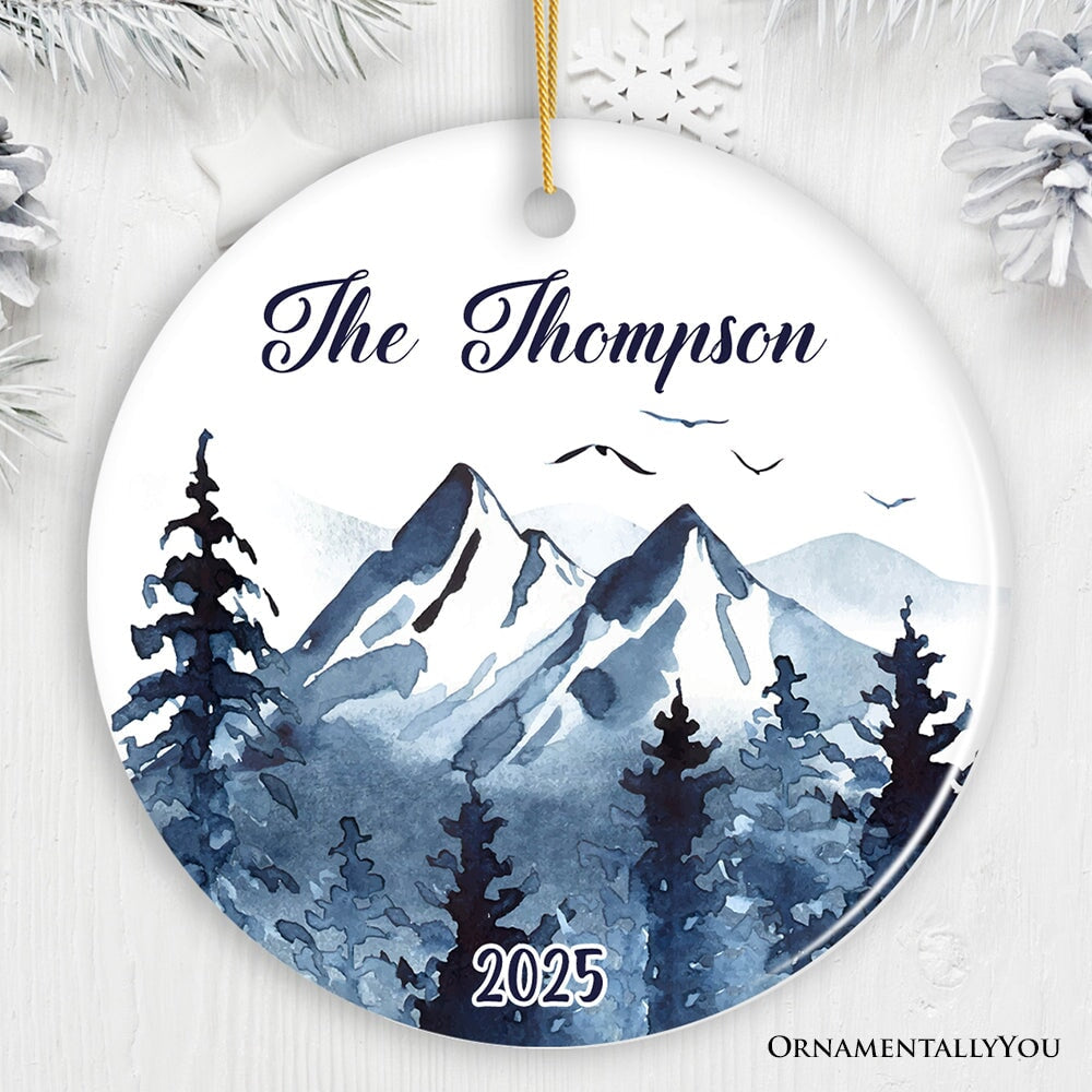 Personalized Family Ornament, Watercolor Mountain Keepsake Gift