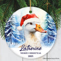 Goose with Santa Hat Personalized Ornament, Winter Forest Christmas Gift With Custom Name and Date