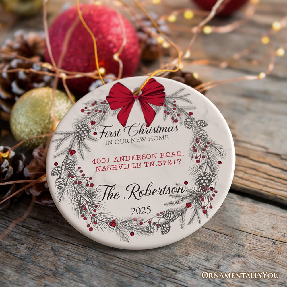 New Home Personalized Christmas Ornament, Family Gift With Custom Address and Last Name