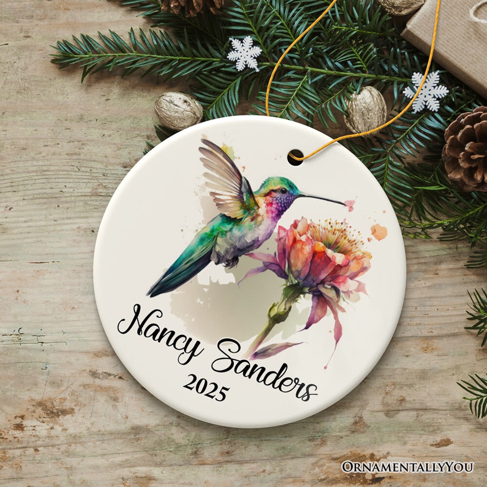 Personalized Artistic Hummingbird Watercolor Ornament, Custom Name and Date Gift