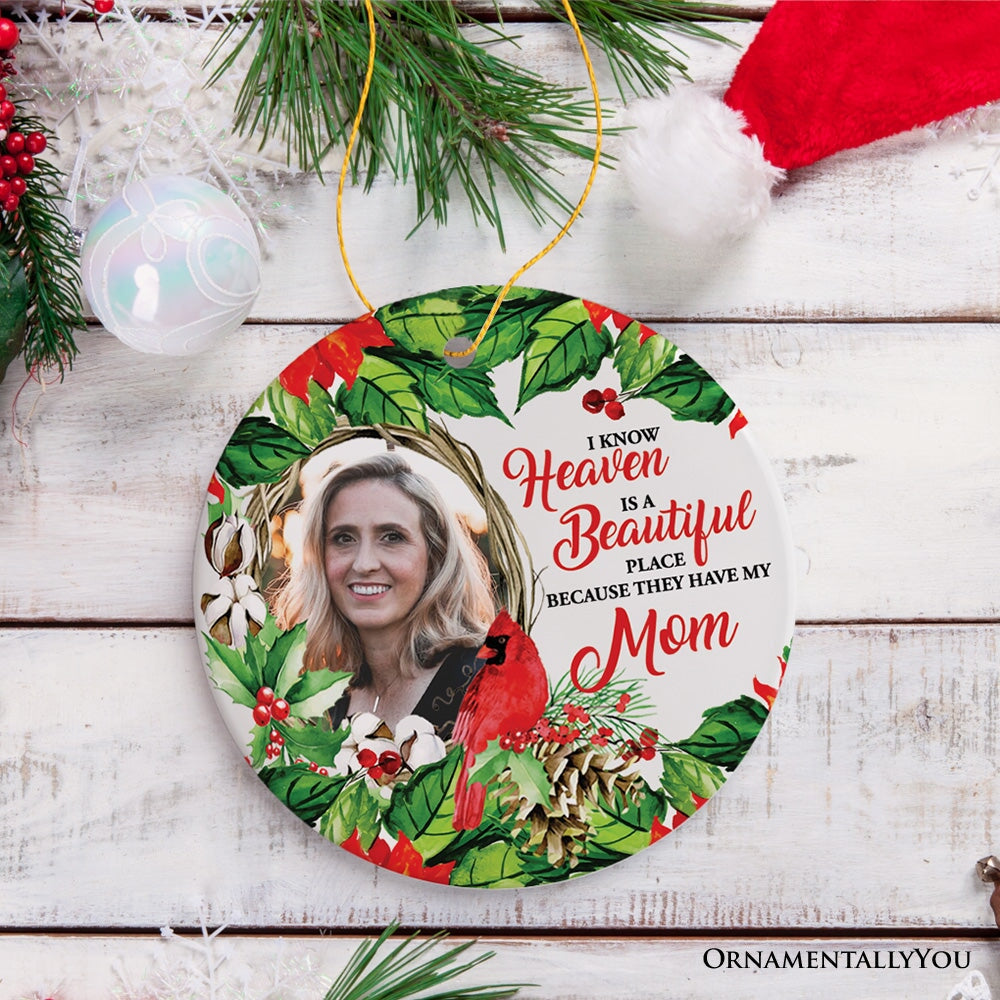 Deceased Family Wreath Portrait Personalized Ornament, Heaven is a Beautiful Place Quote with Cardinal Art