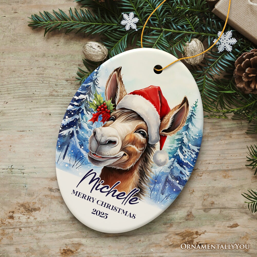 Donkey with Santa Hat Personalized Ornament, Winter Forest Christmas Gift With Custom Name and Date