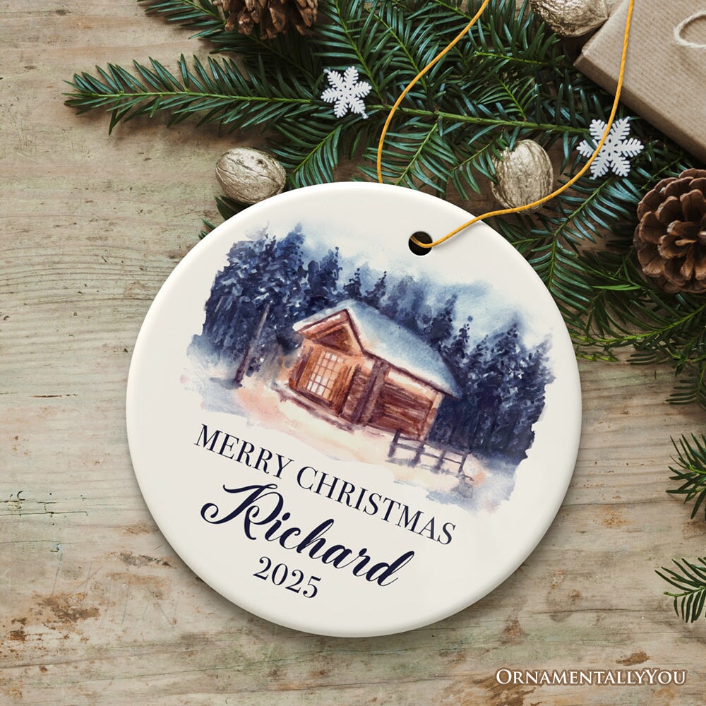 Watercolor Personalized Family Christmas Ornament, Home In The Woods Landscape