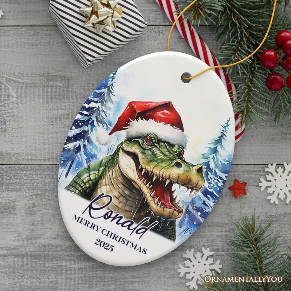 Alligator with Santa Hat Personalized Ornament, Winter Forest Christmas Gift With Custom Name and Date