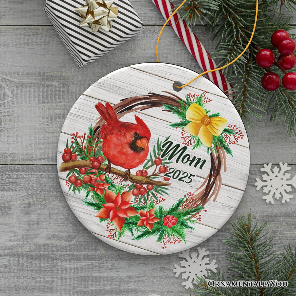 Personalized Cardinal Christmas Ornament with Name and Year, Ceramic Family Gift