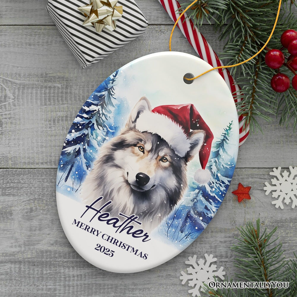Wolf with Santa Hat Personalized Ornament, Winter Forest Christmas Gift With Custom Name and Date
