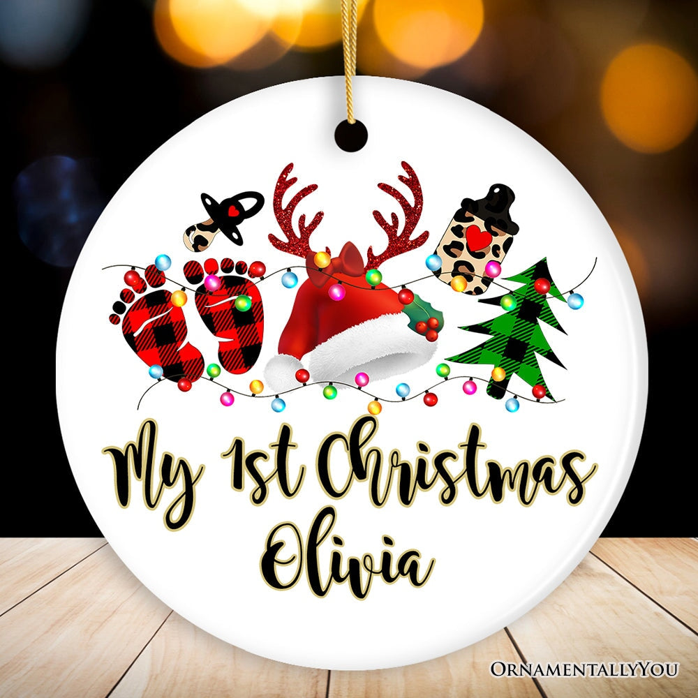 Personalized Baby Christmas Buffalo Plaid Leopard Ornament Gift