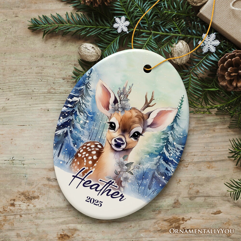 Deer Personalized Ornament, Majestic Winter Forest Christmas Gift With Custom Name and Date