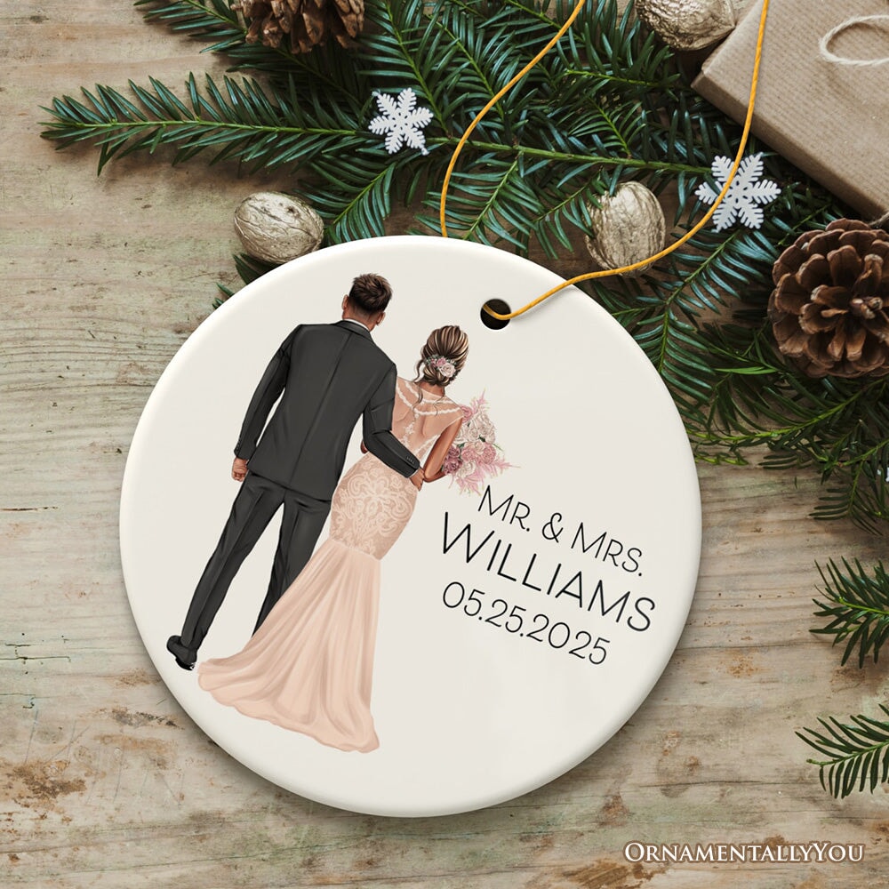 Elegant Wedding Bride and Groom Personalized Ornament, Marriage Ceremony Customized Gift