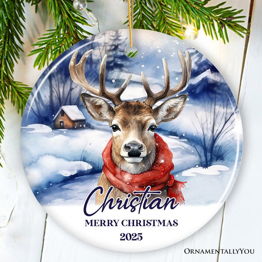 Elegant Deer Personalized Ornament, Winter Forest Christmas Gift With Custom Name and Date