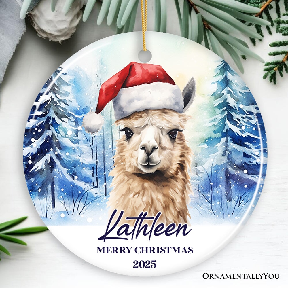 Llama with Santa Hat Personalized Ornament, Winter Forest Christmas Gift With Custom Name and Date