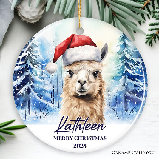 Llama with Santa Hat Personalized Ornament, Winter Forest Christmas Gift With Custom Name and Date