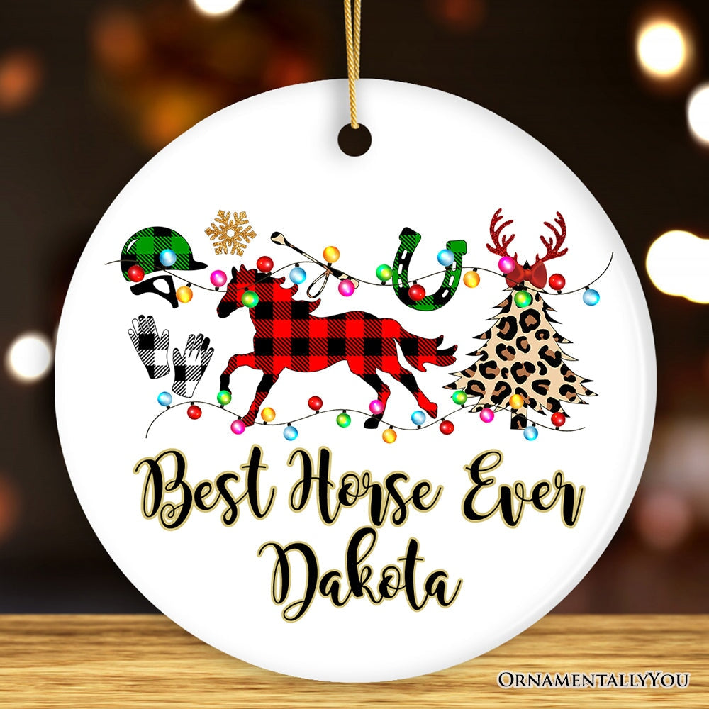 Personalized Horse Buffalo Plaid Leopard Merry Christmas Ornament, Equestrian Gift