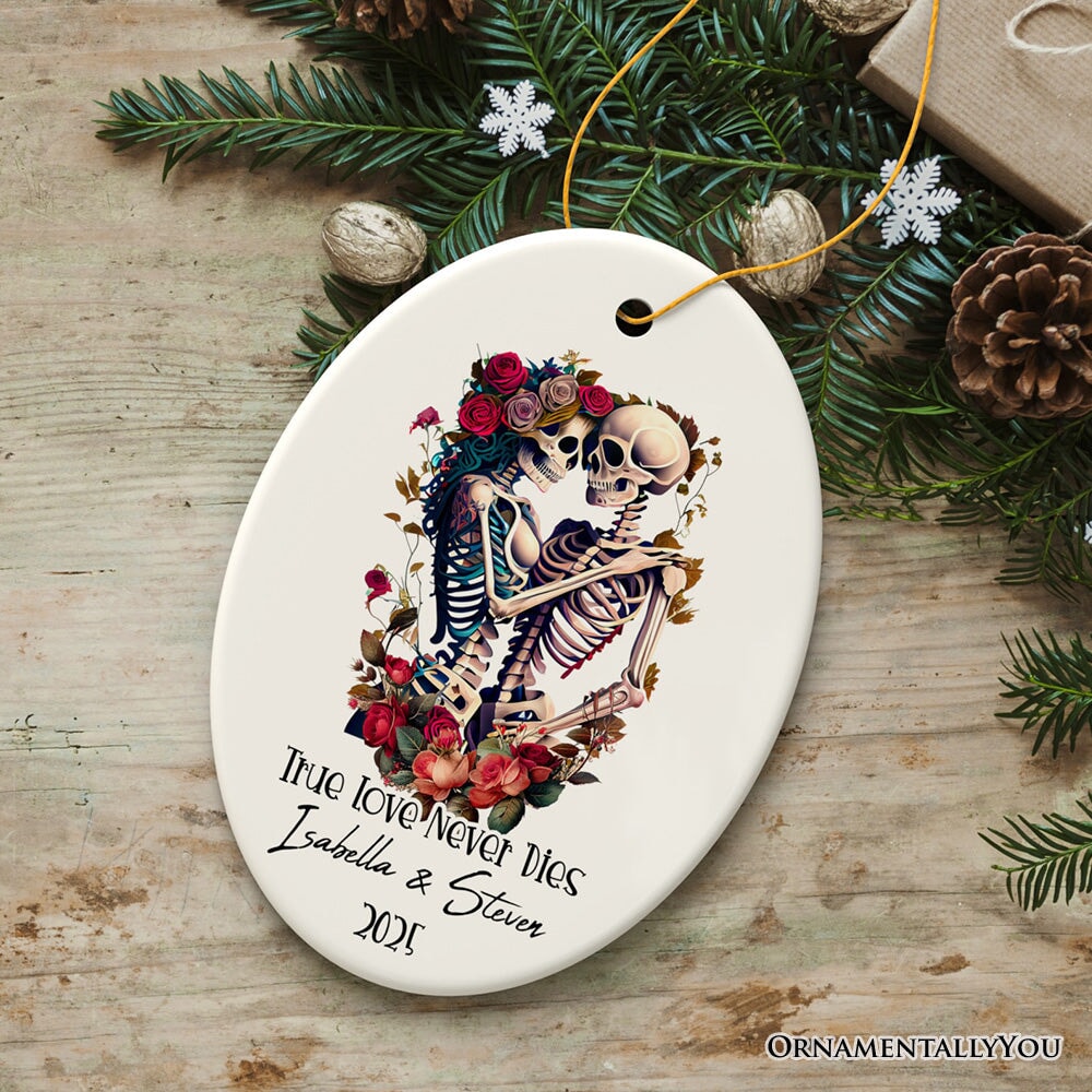 True Love Never Dies Personalized Skeleton Lovers Ornament, Romantic Goth Emo Gift for Girlfriend and Boyfriend
