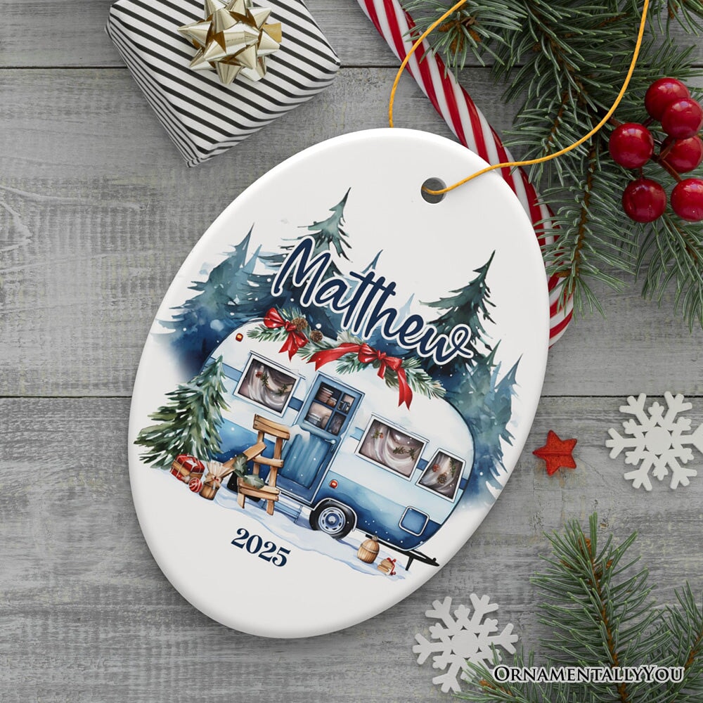 Camping Personalized Ornament, Enchanted Frost Winter Christmas Gift With Custom Name and Date
