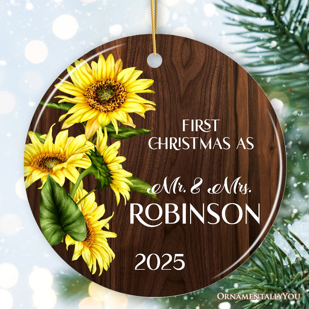 First Christmas as Mr and Mrs Rustic Sunflower Personalized Christmas Ornament, Wedding Couple Gift