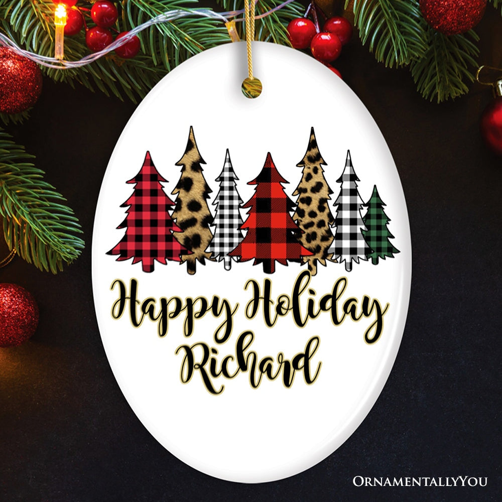 Merry Christmas Buffalo Plaid and Leopard Cheetah Trees Personalized Ornament