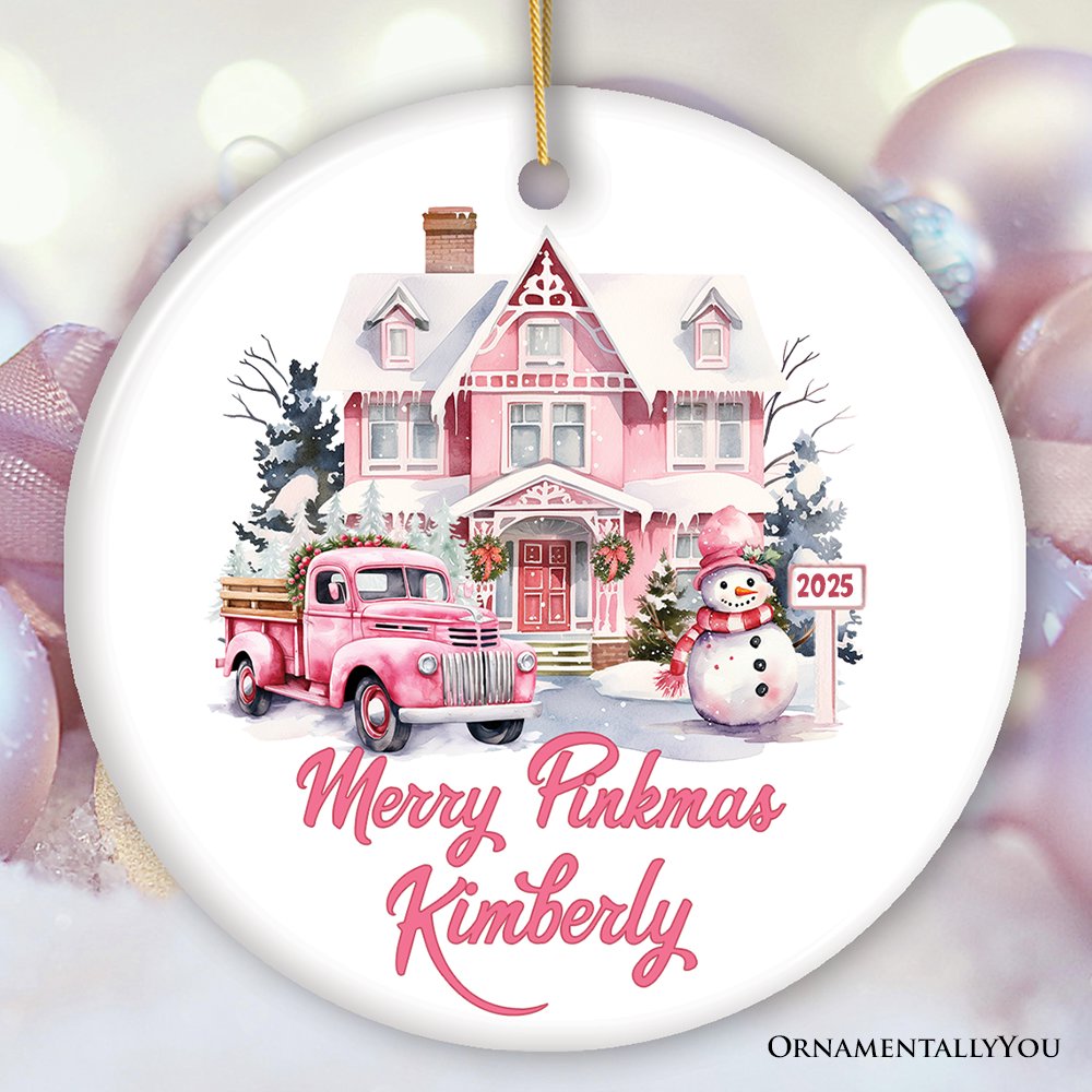 Personalized Beauty Watercolor Pink Winter Scene Ornament, Merry Pinkmas Custom Name Gift