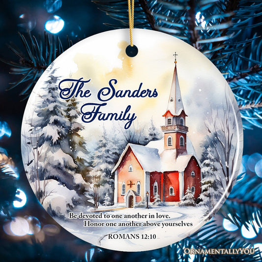 Winter Church Watercolor Art Personalized Ornament, Christmas Gift for Christian Family