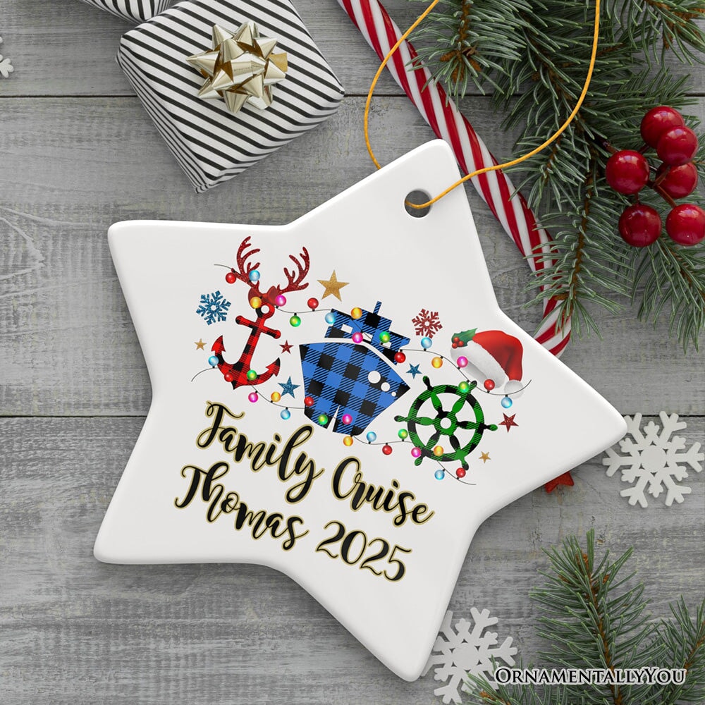 Personalized Cruise Vacation Buffalo Plaid Leopard Merry Christmas Ornament Gift