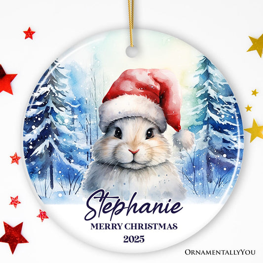 Cute Bunny with Santa Hat Personalized Ornament, Winter Forest Christmas Gift With Custom Name and Date