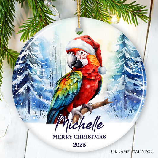 Macaw Parrot with Santa Hat Personalized Ornament, Winter Forest Christmas Gift With Custom Name and Date